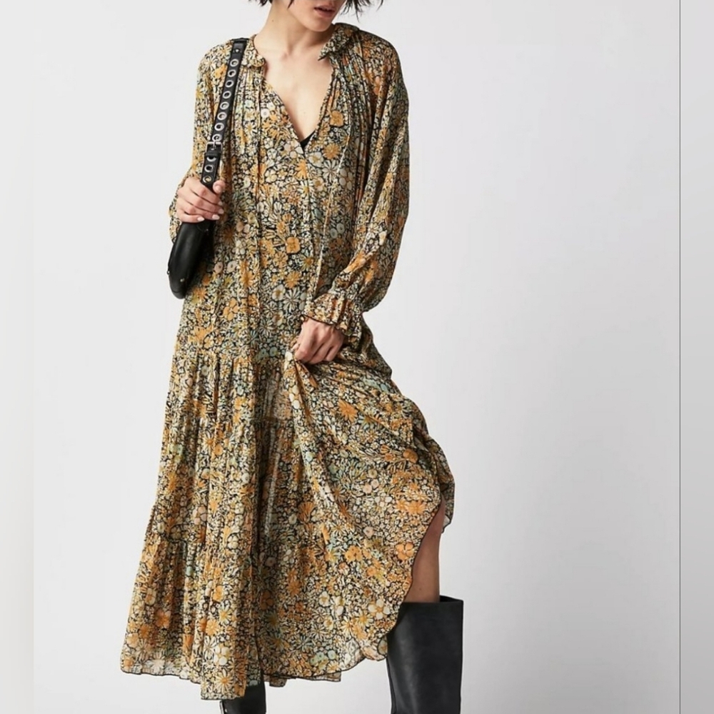 Free People Feeling Groovy Maxi Dress, Black & Orange Floral Cottagecore | S